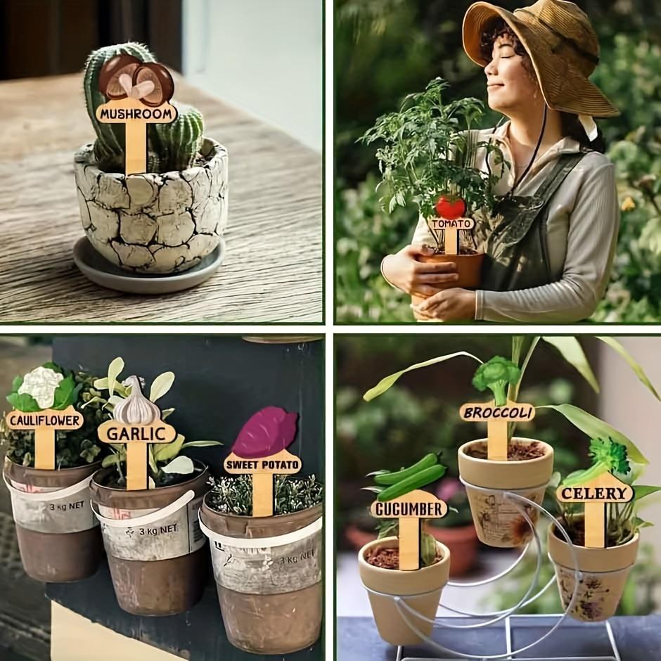 15 Pcs Funny Plant Markers T-Type Vegetable Name Tag with Pattern Wood Plant Garden Sign Seed Indoor and Outdoor Potted Plants