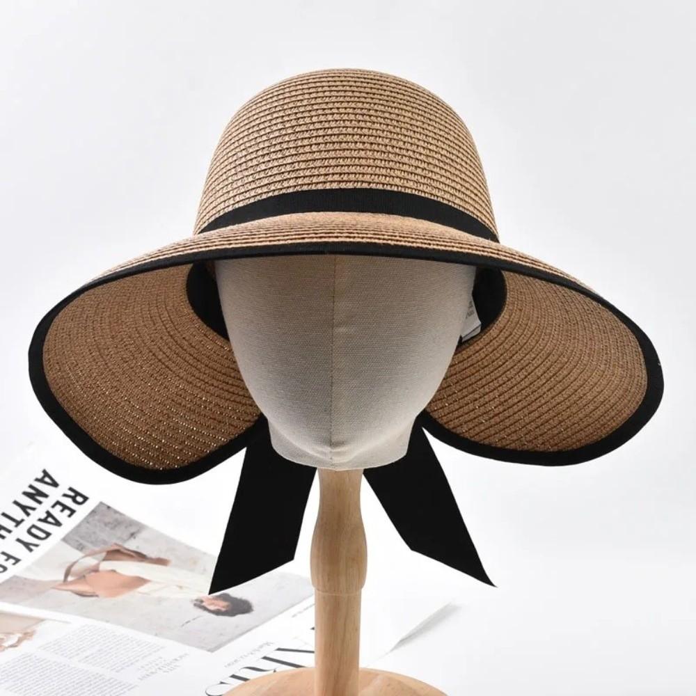 Large Brim Summer Straw Hat Bowknot Design Wide Brim Hat Elegant Empty Top Sun Hat for Women