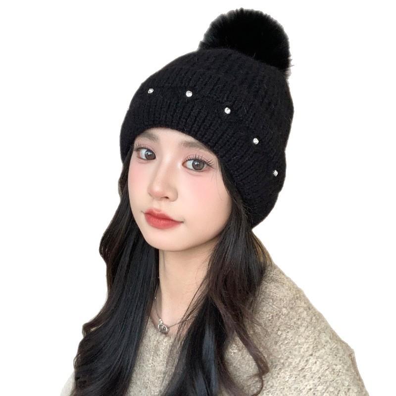Korean versatile rabbit hair bright diamond knitted wool hat autumn and winter windproof ear protection hat casual big head circumference bag head hat