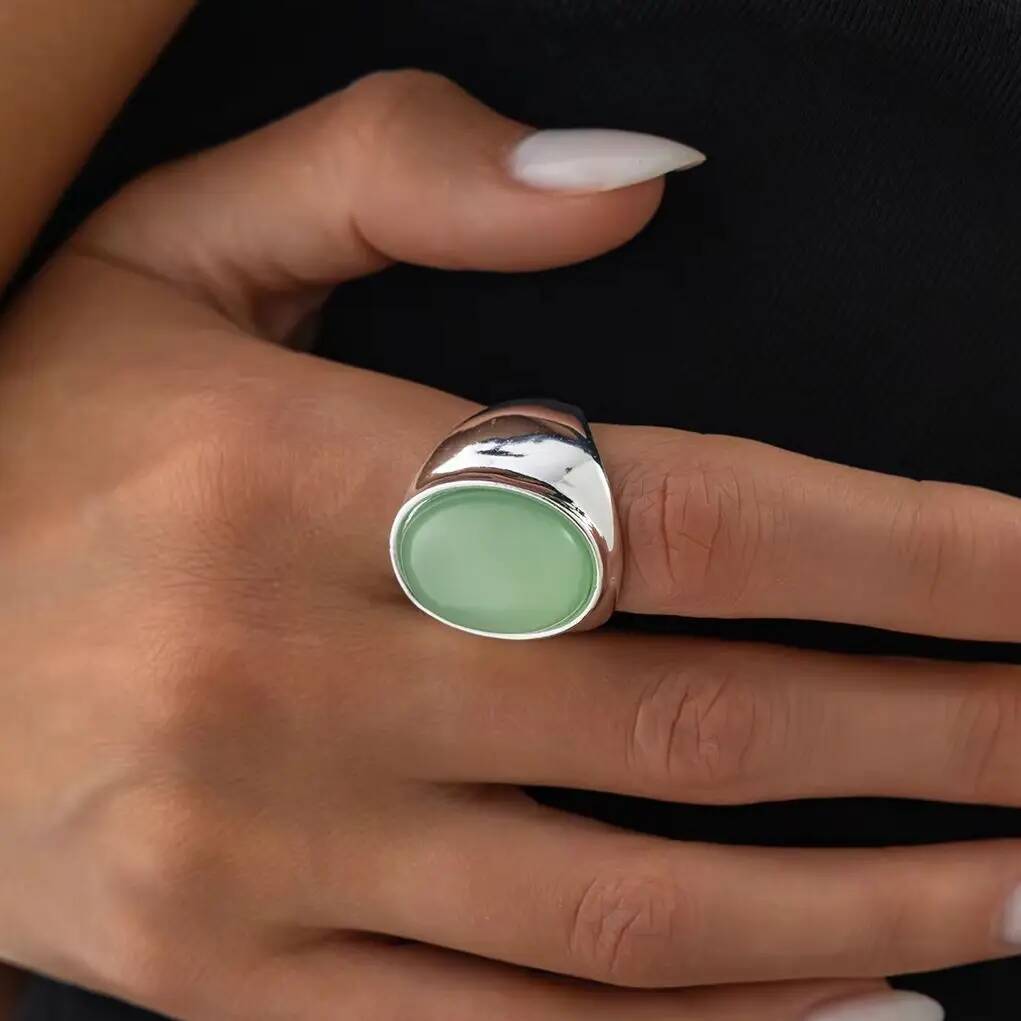 SHIXIN Vintage Oval Green Resin Finger Ring Women Minimalist Geometry Irregular Silver Color Rings Wedding Party Jewelry Gifts