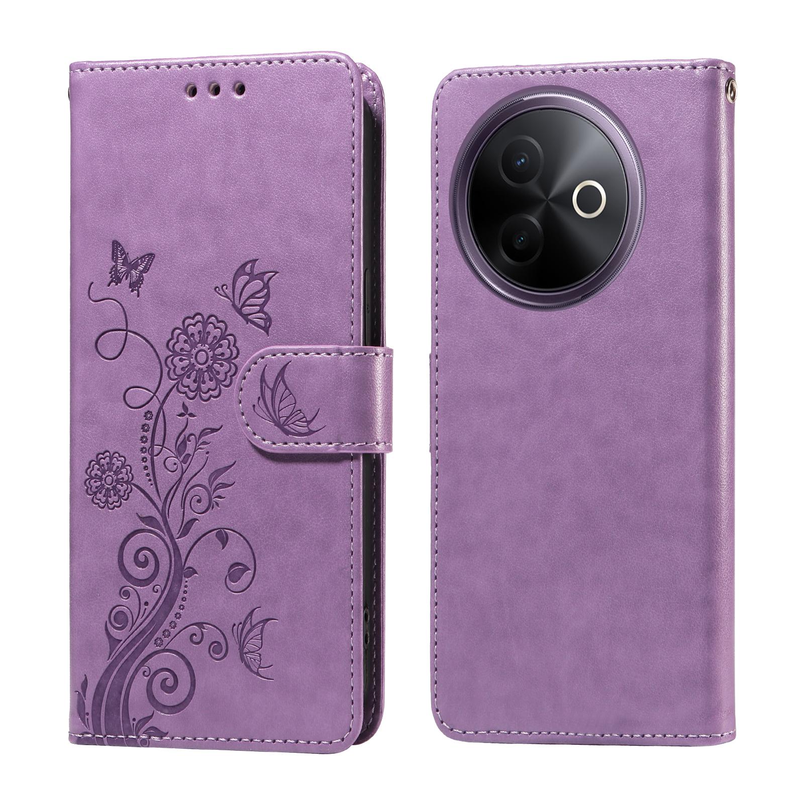 

For vivo Y300i 5G/vivo Y39 5G Leather Case Butterfly Floral Imprint Wallet Stand Cover Purple