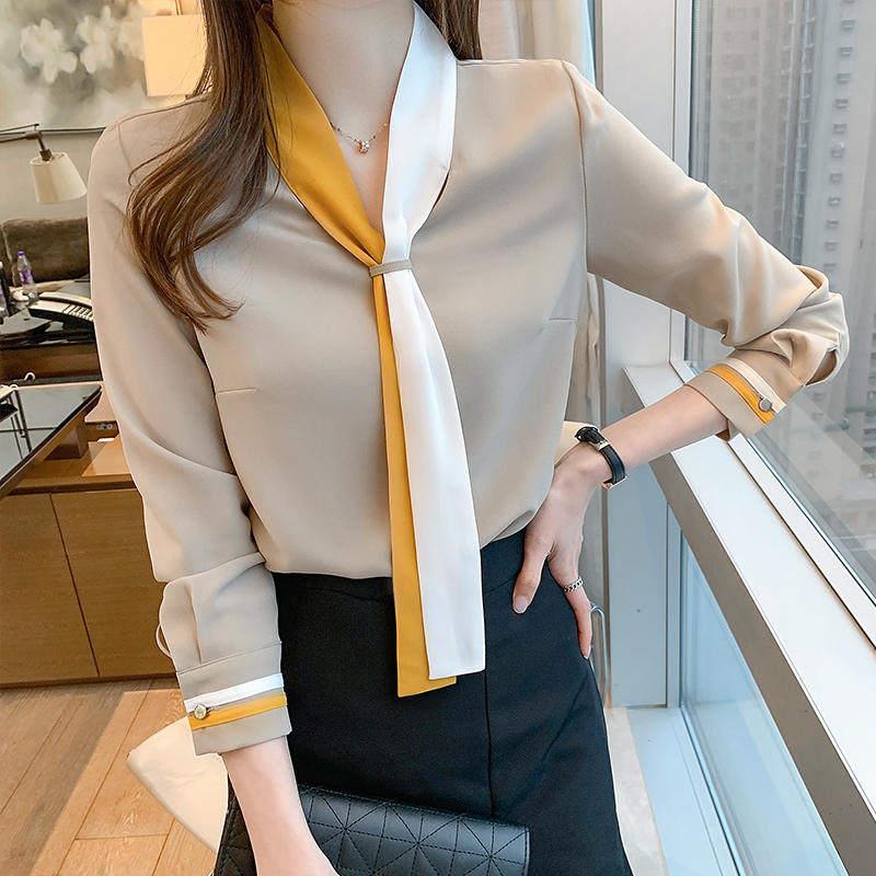 Women's Professional Shirt with A Retro Sense of Design Suit Collar Tie-up Chiffon Long Sleeves Stylish Inner Layering Base Shirt Top