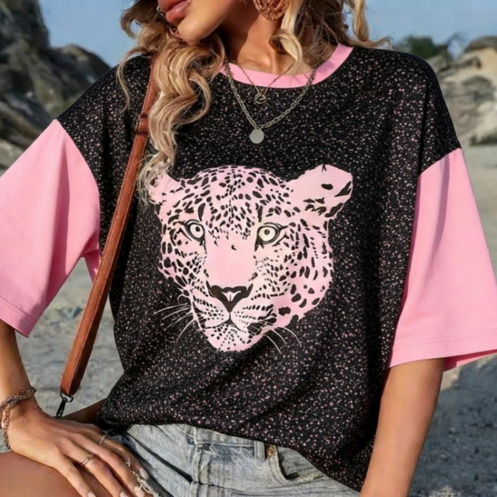 Summer Europe and America Leopard Print T Shirt Women's Short Sleeve Casual Tee Tops Women Retro Street Fashion Oversize T-shirt Clothing