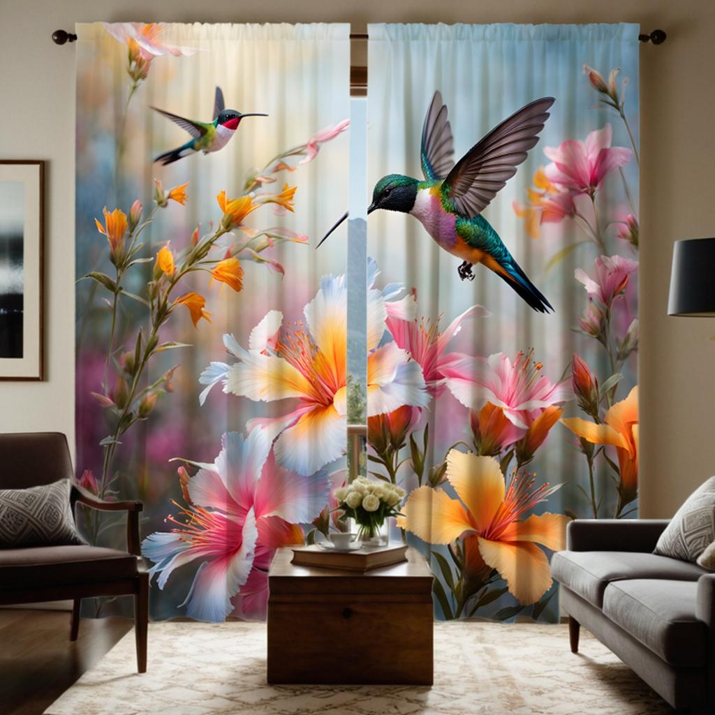 2 Stück HD Blumengarten fliegender Specht dekorativer Vorhang Rosa Bindeband digital bedruckter Vorhang Heimdekoration Stil Dekoration