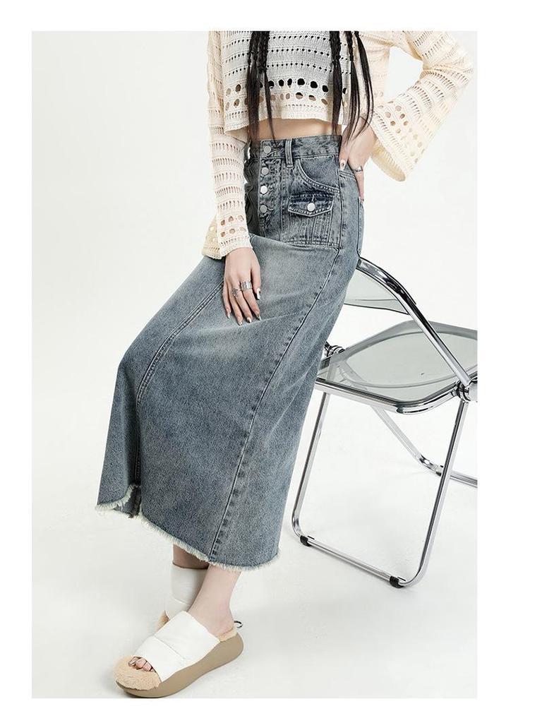 2025 Summer Women's High Waist Slim Mid-Length Retro Denim Skirt