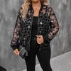 Women Sequined Mesh Patchwork Zipper Stand Collar Long Sleeve Sunscreen Jacket