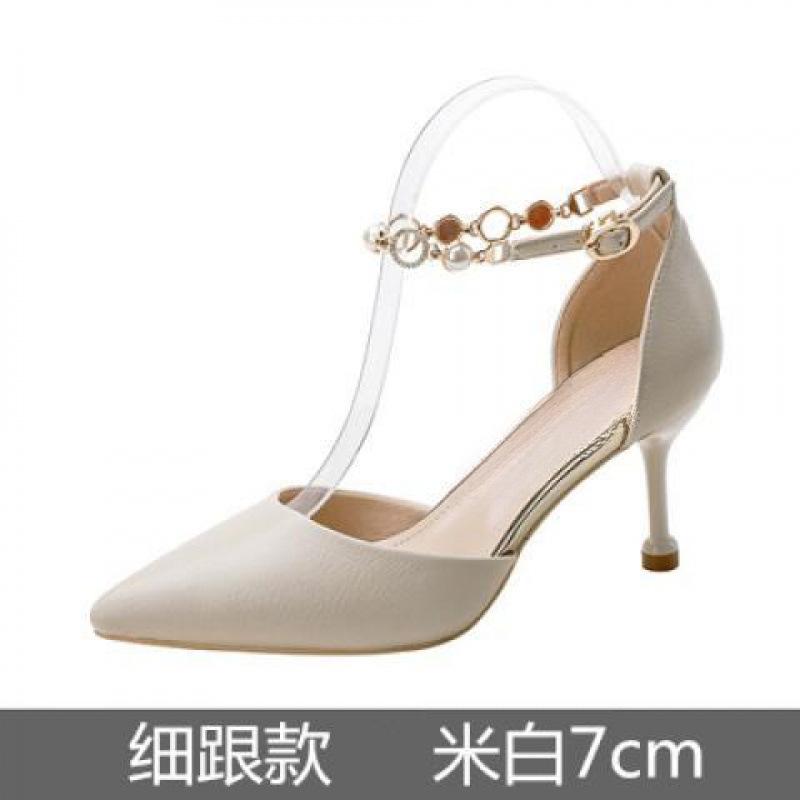 

White high heels women s summer thick heels are not tired of versatile feet, one-word buckle belt hollow single shoes women s pointed middle heel bri 44
