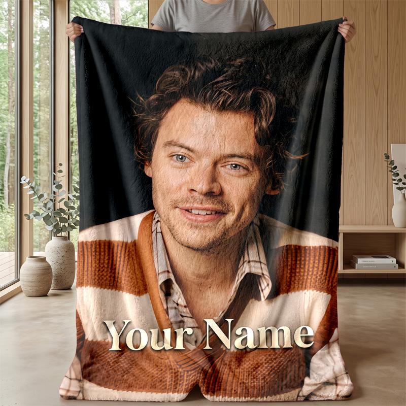 Coperta in Flanella Personalizzata Harry Styles Stampa il Tuo Nome Testo Morbida Calda Coperta Regalo di Festa