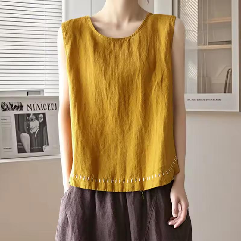 Women's Summer Loose-Fit Casual Versatile Sleeveless Top: Boho-Style Solid-Color Cotton-Linen Edged Embroidered Tank Top
