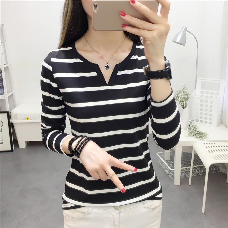 2025 Spring/Autumn Women's Slimming Striped V-Neck Long-Sleeve T-Shirt - Student Base Layer