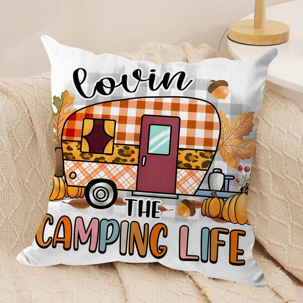 Happy Camping Rv Camper Car Cushion Cover Silky Short Plush Invisible Zipper Dustproof Sofa Pillow Case For Home Decor