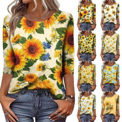Top Camiseta Casual Feminino Moderno com Gola Redonda, Manga Três Quartos e Estampa