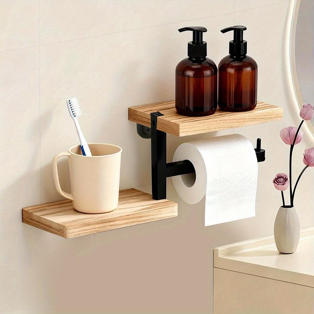Wooden Wall Mounted Toilet Paper Holder Space Saving Stable Countertop Organizer High Load-bearing Toilet Paper Storage Rack