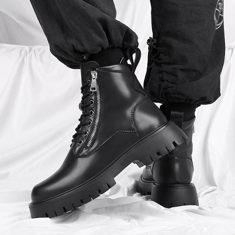 2024 Men's Mid-Cut Height-Enhancing Martin Boots with Soft Side Zipper - British Workwear Style High-Tops