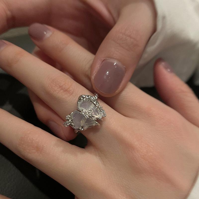 Kpop Pink Zircon Heart Open Ring For Women Girls Luxury Blue Opal Heart Couple Finger Rings Wedding Y2K Jewelry