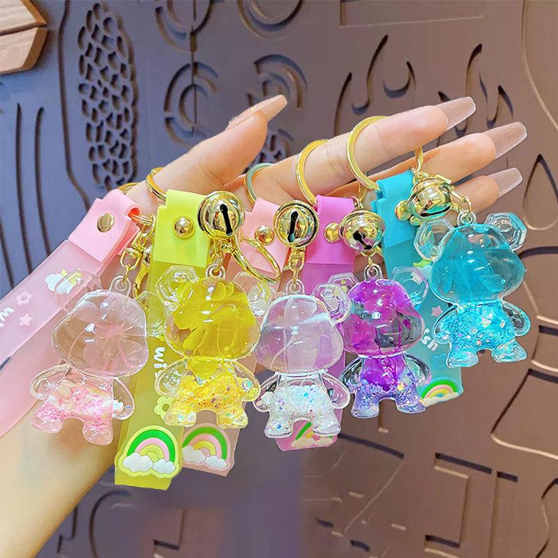 Cartoon Acrylic Oil Quicksand Cherry Blossom Bear Keychain Schoolbag Pendant Couple Car Key Chain Pendant Gift