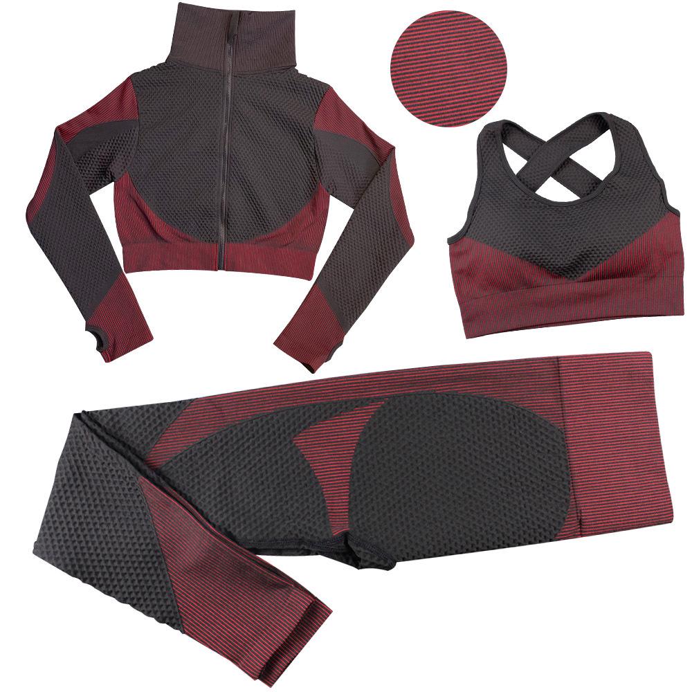 

Women s Striped Fitness Yoga Set: Long-Sleeve Bra, Trousers, and Zip Jacket for Autumn/Winter Small