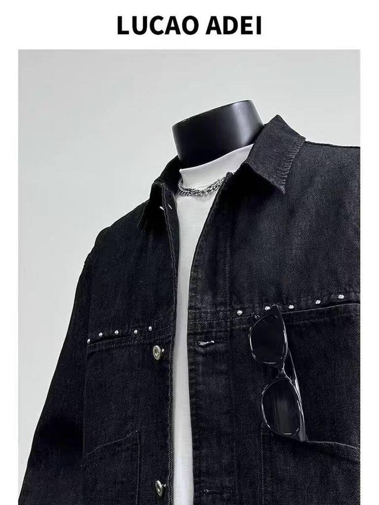 Pánská retro pracovní džínová bunda s nýty – volný střih, vypraná s límcem pro jaro a podzim.