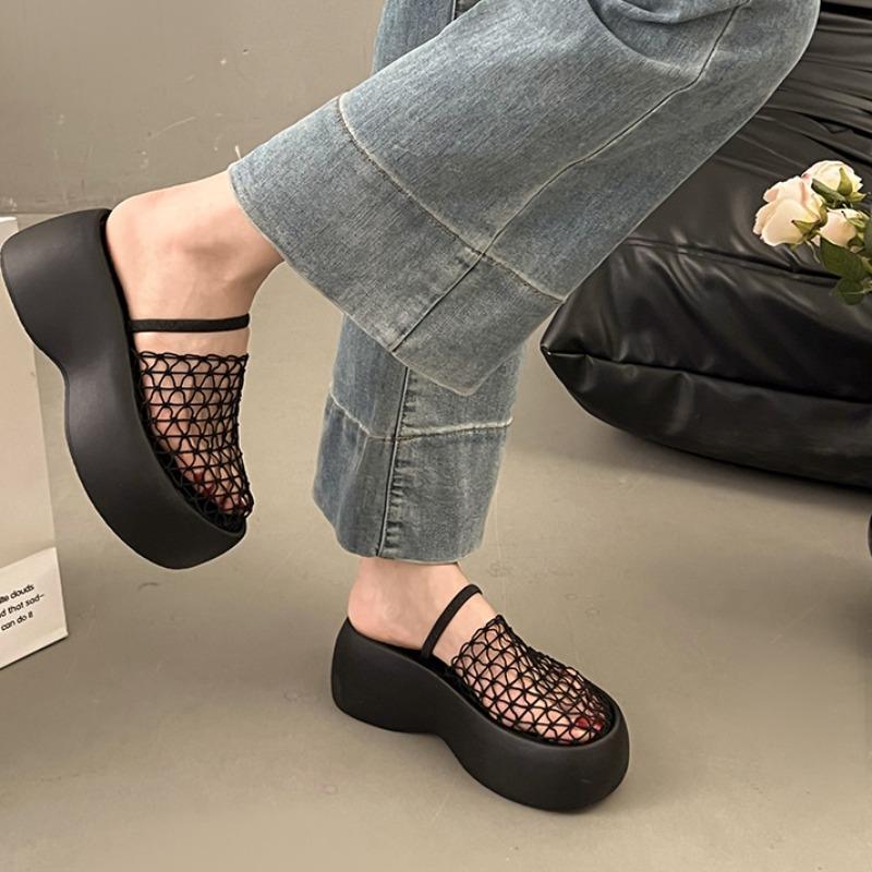 Fashion Waterproof Platform High-heeled Slippers Summer New Round Head Shallow Mouth Mesh Hollow Anti-slip Wear-resistant Sandals
