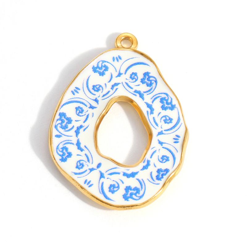 304 Stainless Steel Pendants Plated Blue Drop Flower Printed Charms For Diy Necklace Jewelry Making