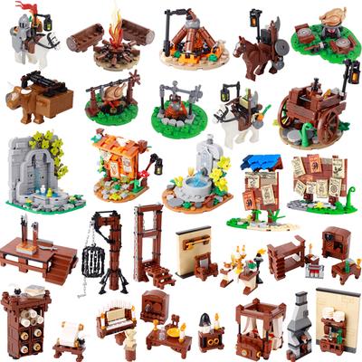 MOC Bloco de Construção Cidade Medieval Cozinha Casa Mobiliário Quarto Sala de Jantar Figuras de Soldados Capacete Montagem Tijolos de Gado Brinquedos