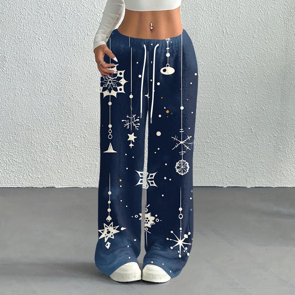 Women's Casual Christmas Print -Lined Loose Fit Straight Leg Pants with and Elastic Waist for Winter