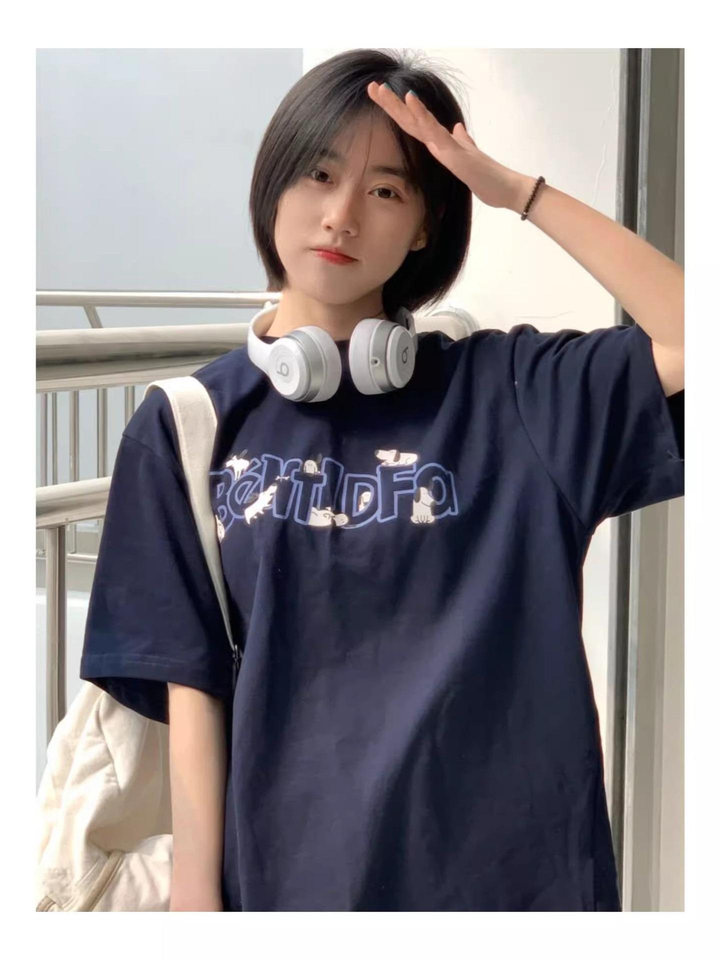 

American trendy brand pure cotton short-sleeved women s summer fun dog print couple crew neck t-shirt loose large size half-sleeved top M тёмно-синий