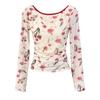 French Retro Rose Print Slim-fitting Long-sleeved T-shirt Women's Summer Sexy Mesh Strap Backless Sunscreen Top