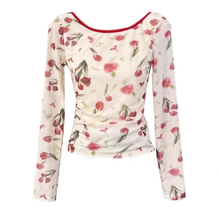 French Retro Rose Print Slim-fitting Long-sleeved T-shirt Women's Summer Sexy Mesh Strap Backless Sunscreen Top