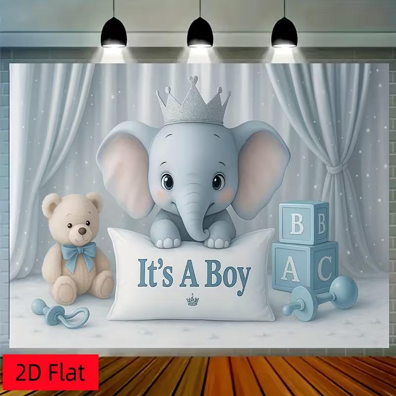 

2D Boy Baby Shower Banner, Blue Elephant & ABC Blocks Decoration Background 47.2x31.5inch/120*80cm