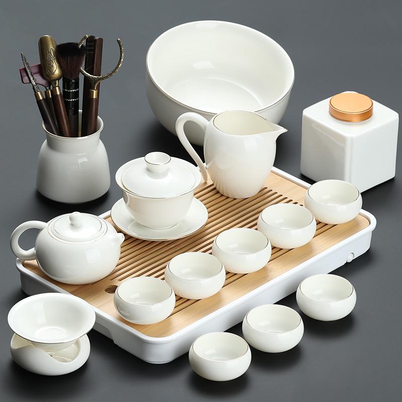 Goat Jade White Porcelain Kung Fu Tea Set Home Brewing Teapot Covered Bowl Chinese Light Luxury Brewing Tea Cup Office Guests