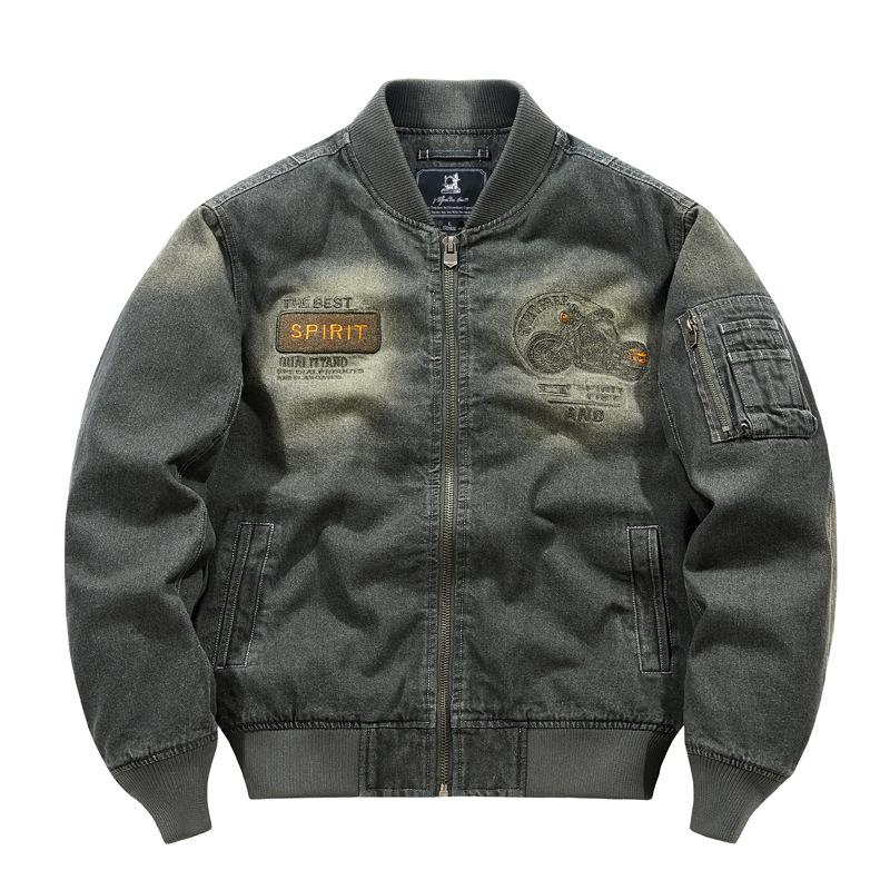 Pánská džínová bunda Vintage Slim-fit Motocyklová Vyšívaná Zipová Ležérní Bunda Kabát