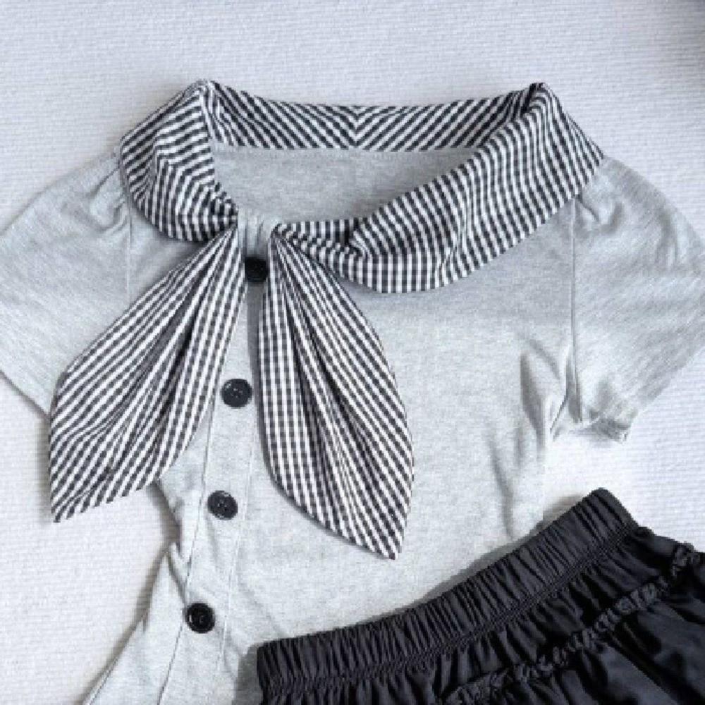 Plaid Pattern Irregular T Shirts Navy Collar Y2K Style T Shirts Sailor Collar Tops  For Women