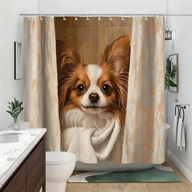 Papillon Dog Shower Curtain 72x72 Polyester Washable – Realistic Towel-Wrapped Portrait, Expressive Eyes & Fluffy Ears, 12 Hooks