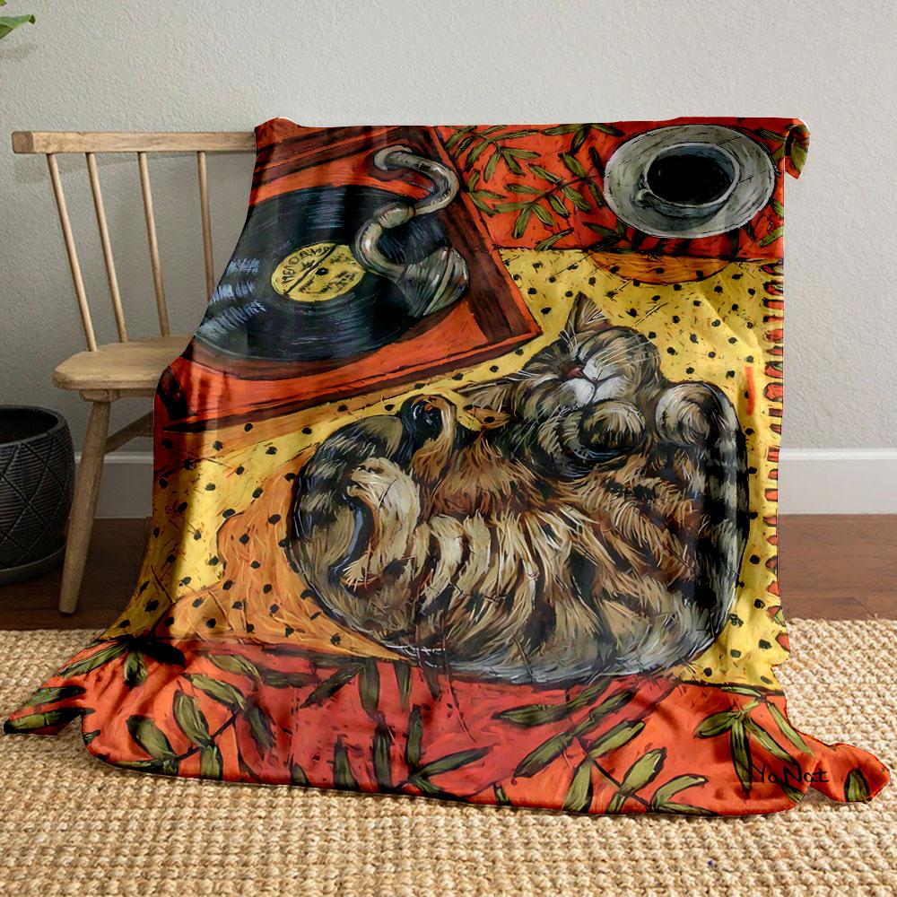 

Cat Phonograph Coffee Print Blanket bedroom Blanket for Livingroom Couch lunch break Soft throw for Friend s festival Gift 80cm x 120cm