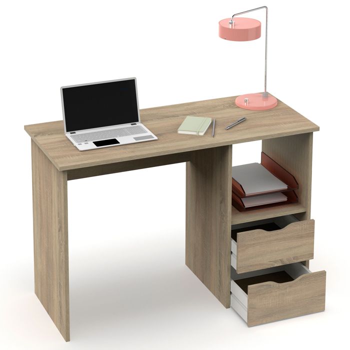 Bureau, Table Informatique, 76x115x50cm, 2 Tiroirs, Poste de Travail, Chambre Briebe Prakt Bois 04292