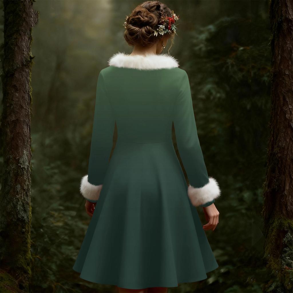 Women's Casual V-neck Christmas Print Plush Long-Sleeve Casual Dress