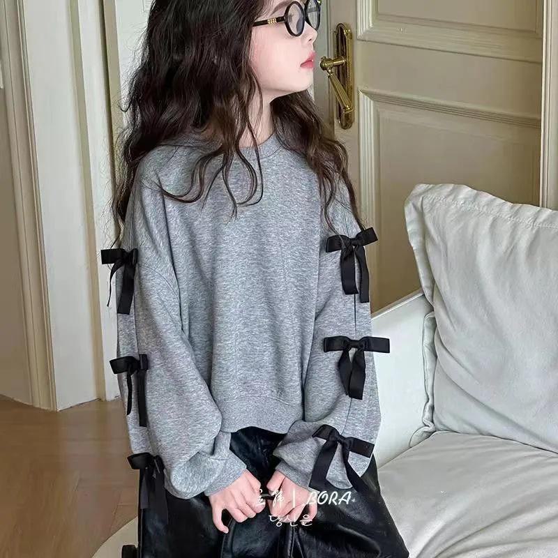 Felpa con fiocco in stile coreano per bambine - 2024 Top casual a maniche lunghe per bambini di taglia media e grande