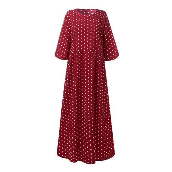 

Женское платье макси с принтом в горошек, повседневное, с коротким рукавом, струящееся, длинное, летнее, с круглым вырезом, бохо, свободное, сарафан XXXL вино красного