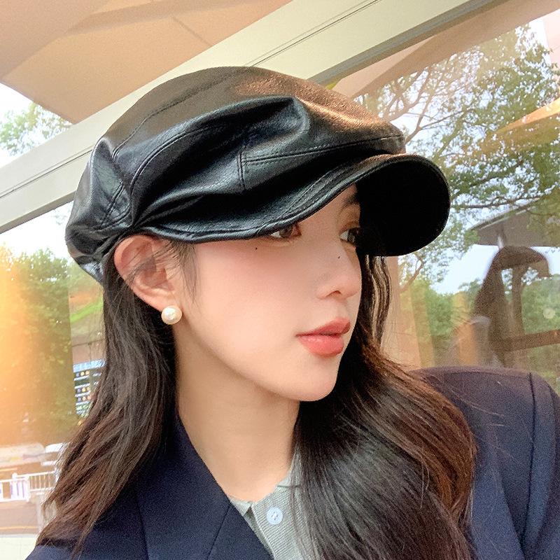 Black beret women's new spring and autumn forward hat big head circumference pleated leather octagonal painter hat