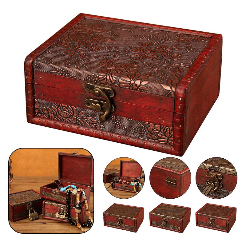 Vintage Wooden Jewelry Storage Box Trunk Jewelry Container Medieval Pirate Treasure Jewellery Storage Case Props With Lock