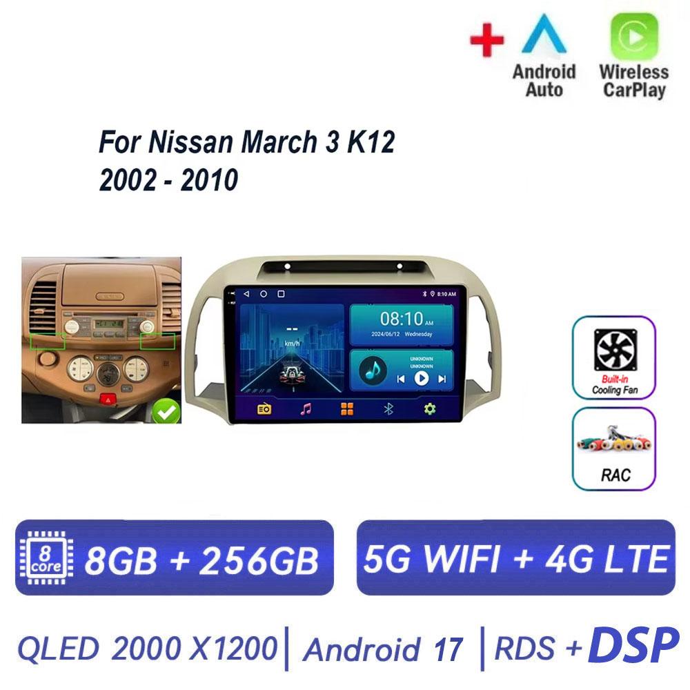 Pour Nissan March 3 K12 2002 - 2010 Autoradio Android 17 Carplay Auto Lecteur Multimédia Écran Navigation 4G GPS 2 Din