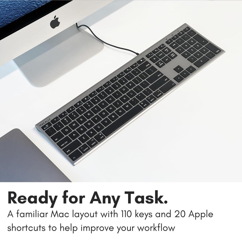 MACALLY Mac Keyboard, US Layout, Wired, All-Aluminum Frame, Slim, Quiet, Scissor-Style Keys, with Numeric Keypad, for Working from Home, Telework,
