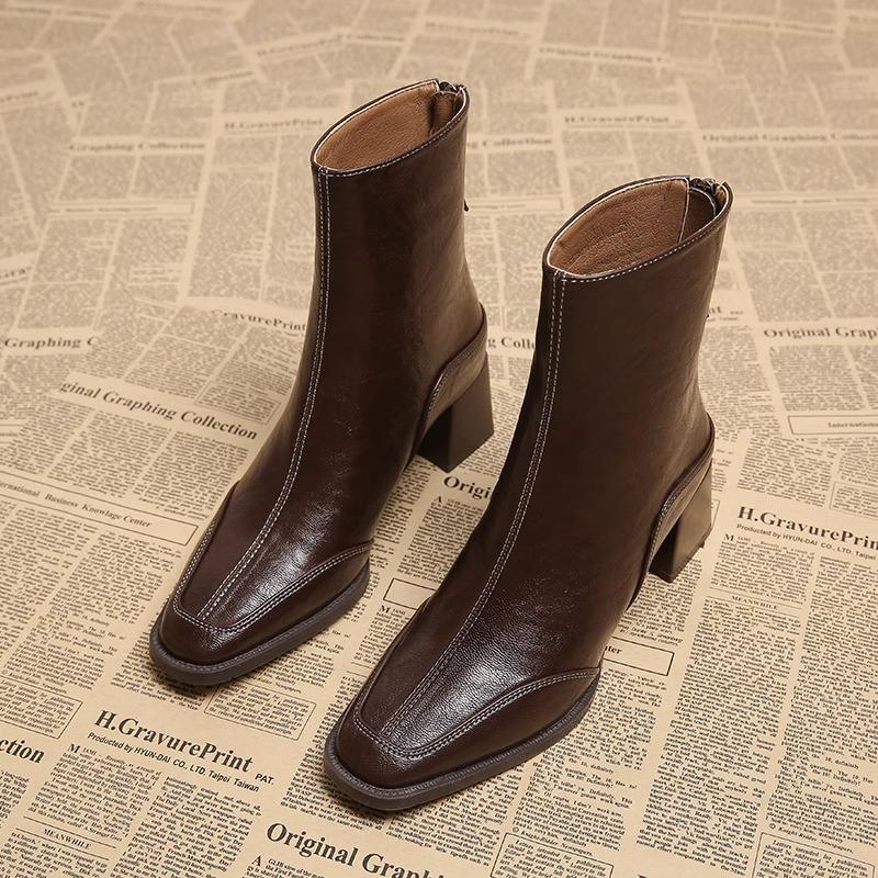

Retro high heels short boots for women 2026 square toe thick heel short boots British style slim boots 35