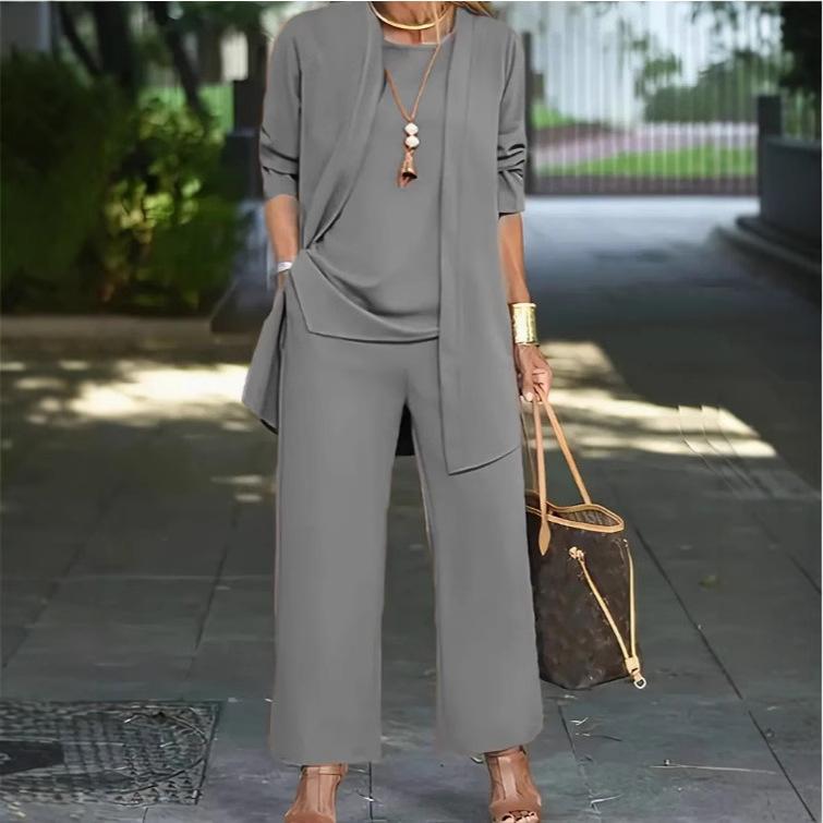 Women's Loose Fit Three-Piece Matching Set Long Sleeve Cardigan Wide Leg Pants Casual Outfit Set