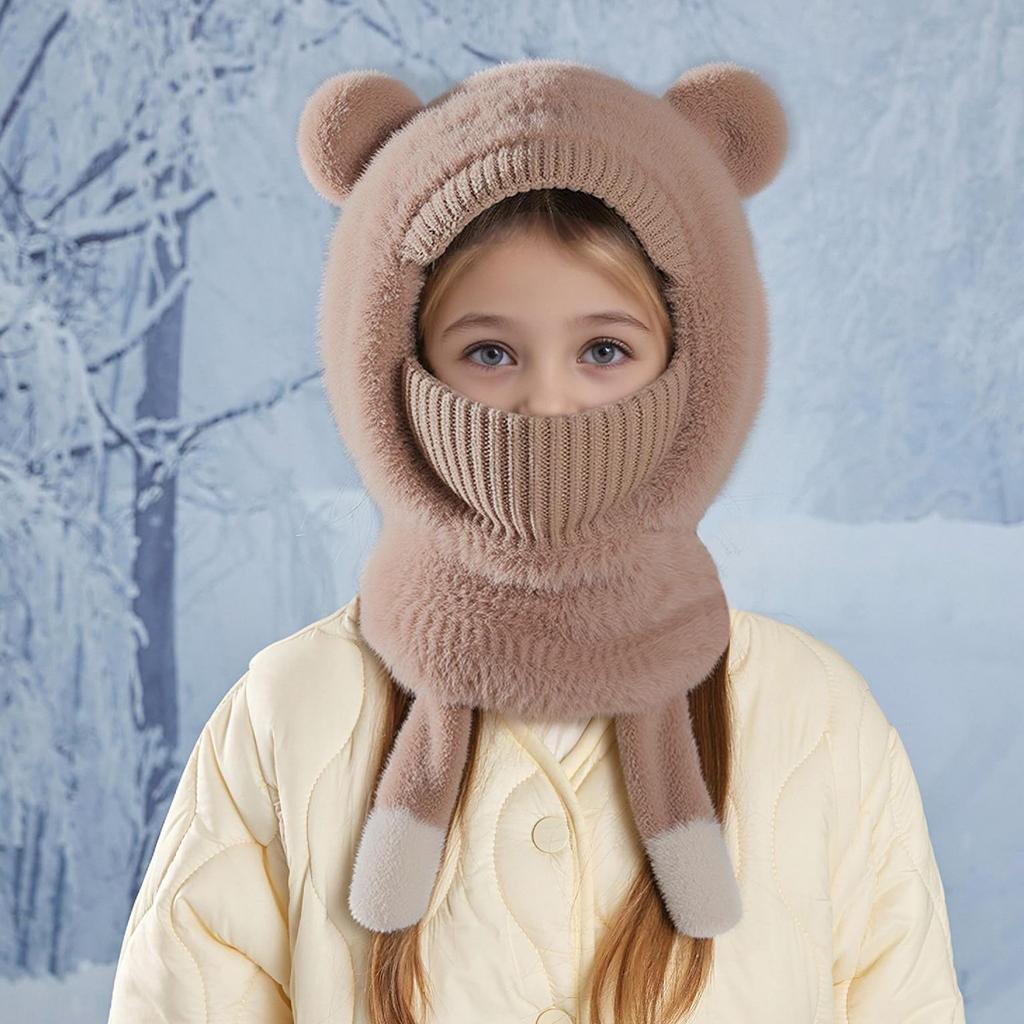 Children's Plush Warm Ear  Pullover Hat With Plush Mask And Neck