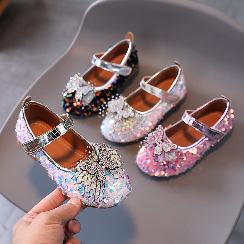 Princess Girls Sequins Bling Leather Shoes Lightweight Butterfly Rhinestone Boutique Party Dance Flats Toddler Baby Dress Shoes