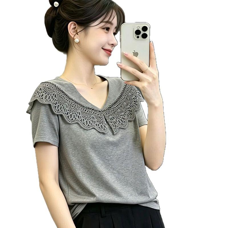 Heavy Industry Bead Lace V-Neck Short Sleeve T-Shirt Women's Summer New Korean Version Foreign Style Skinny Temperament Top