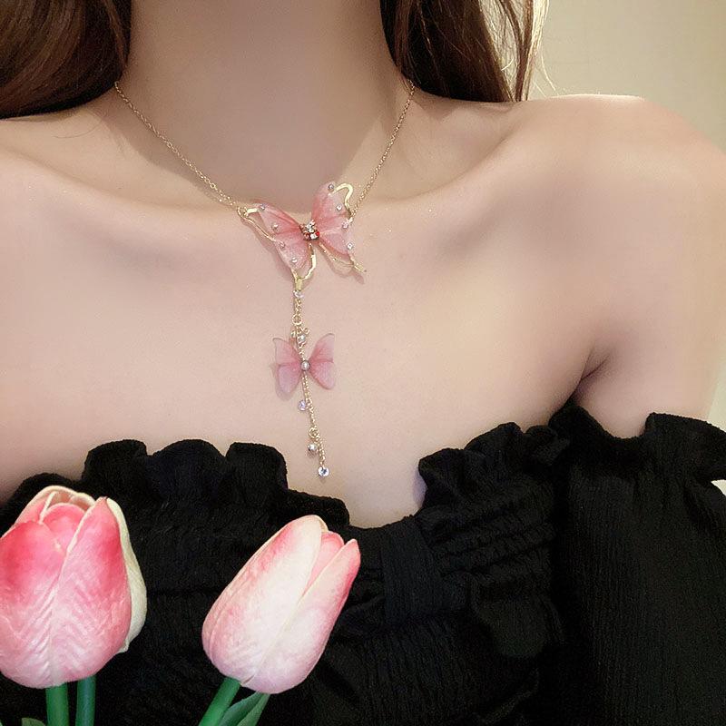 Tulle Butterfly Necklace Pearl Charm Tassel Chain Necklace Vintage Party Jewelry Women Girl Gift