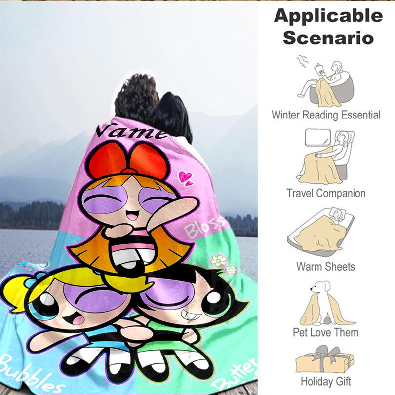 Custom Name Powerpuff Adventure Blanket Lightweight Ideal Bedding Blanket Perfect for Travel, Camping, Living Rooms, Sofas, Christmas Gift